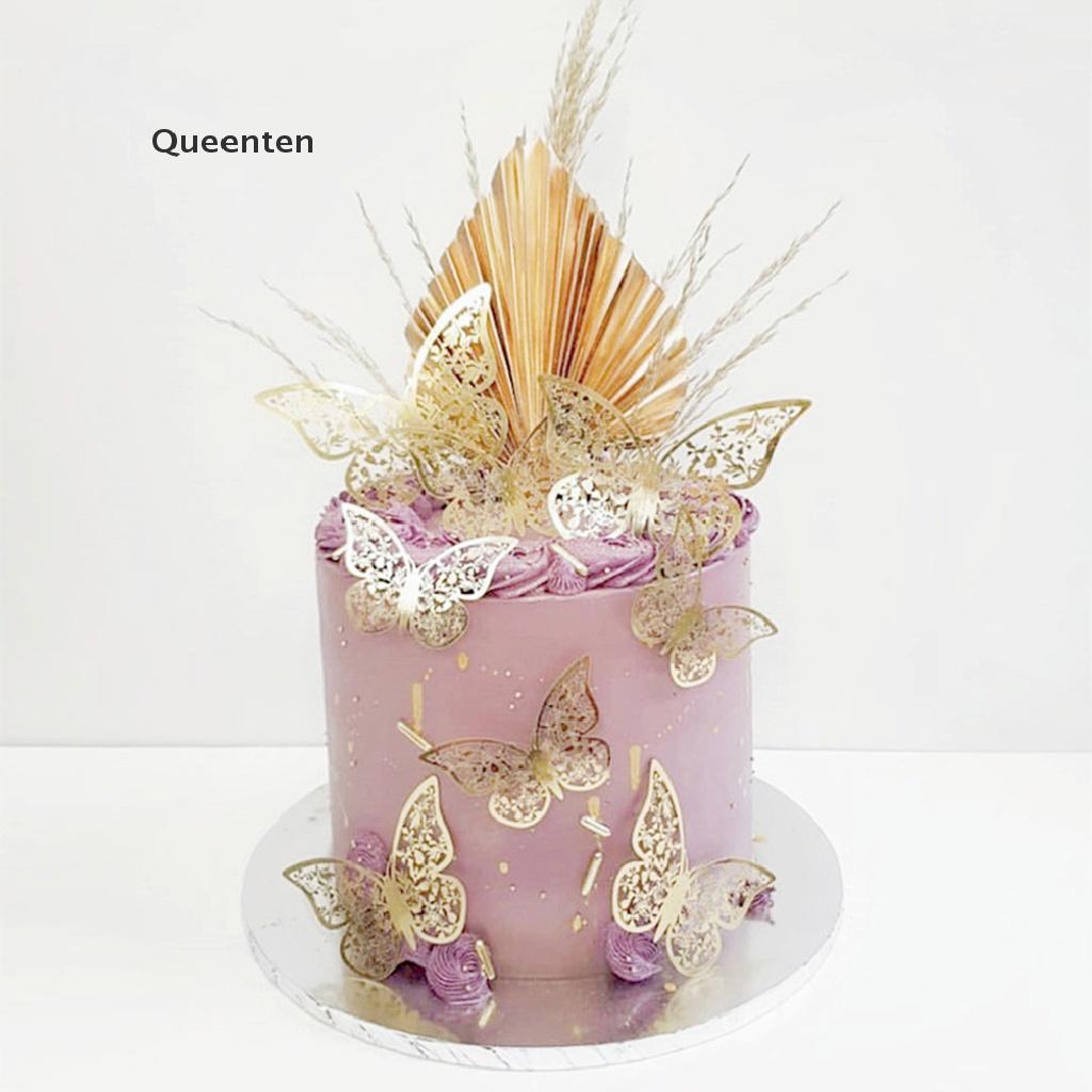 Queenten 12Pcs 3D Butterfly Metal Texture Paper Birthday Cake Topper Gold 3D Cake Topper QT