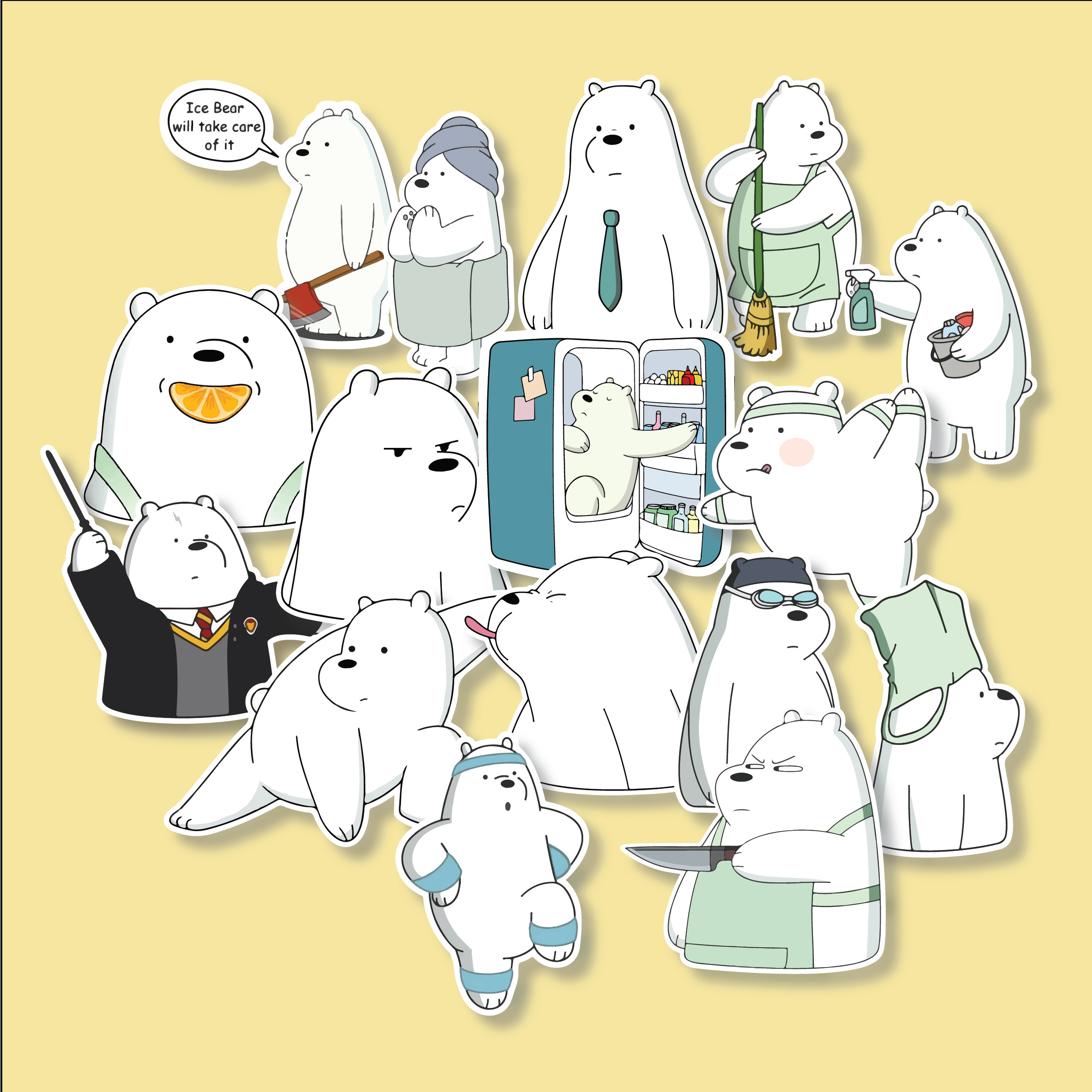 Bộ sticker chống thấm nước trang trí mũ bảo hiểm, laptop chủ đề 3 chú gấu we bare bears ( từ 10-16 hình)