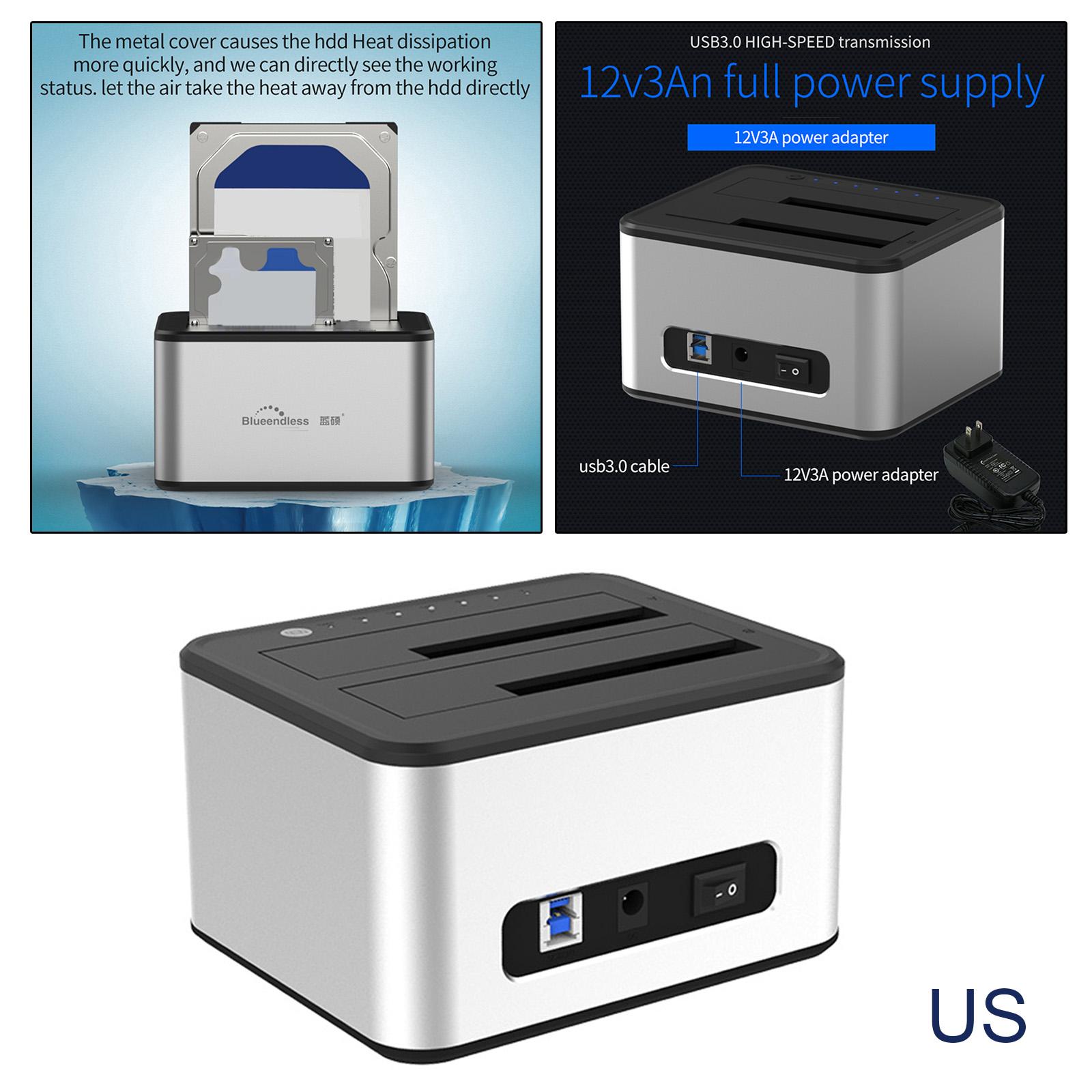 USB 3.0 Dual Bay External Hard Drive Docking Station Offline Clone US Plug