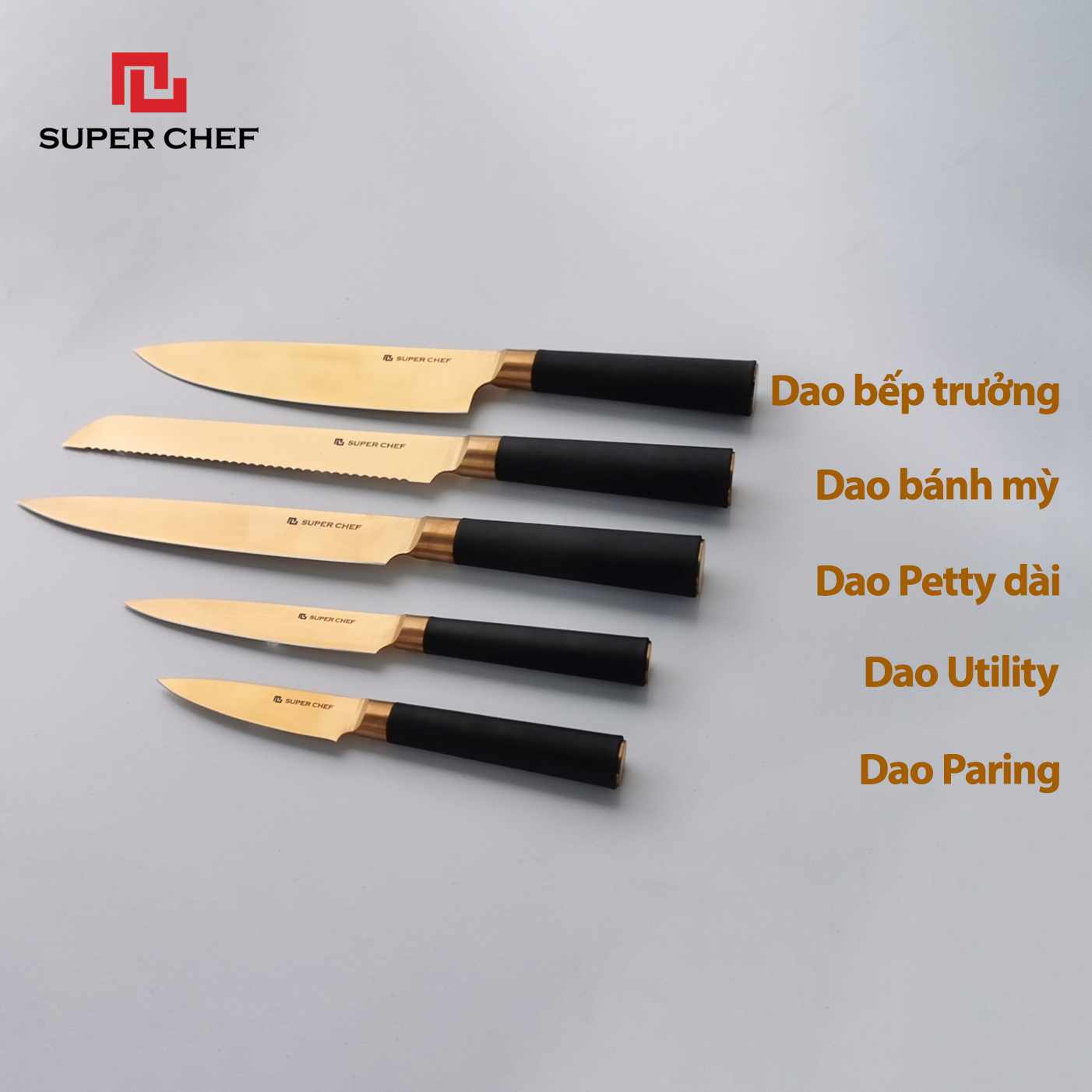 Bộ Dao Bếp Mạ Titan (5 cái) Cao Cấp Chính Hãng Super Chef Bằng Thép Không Gỉ, An Toàn Sức Khỏe, Sắc Bén, Siêu Bền Bỉ Lâu Cùn,Đa Năng Siêu Tiện Lợi Kèm Theo Giá Đỡ Dao Sang Trọng