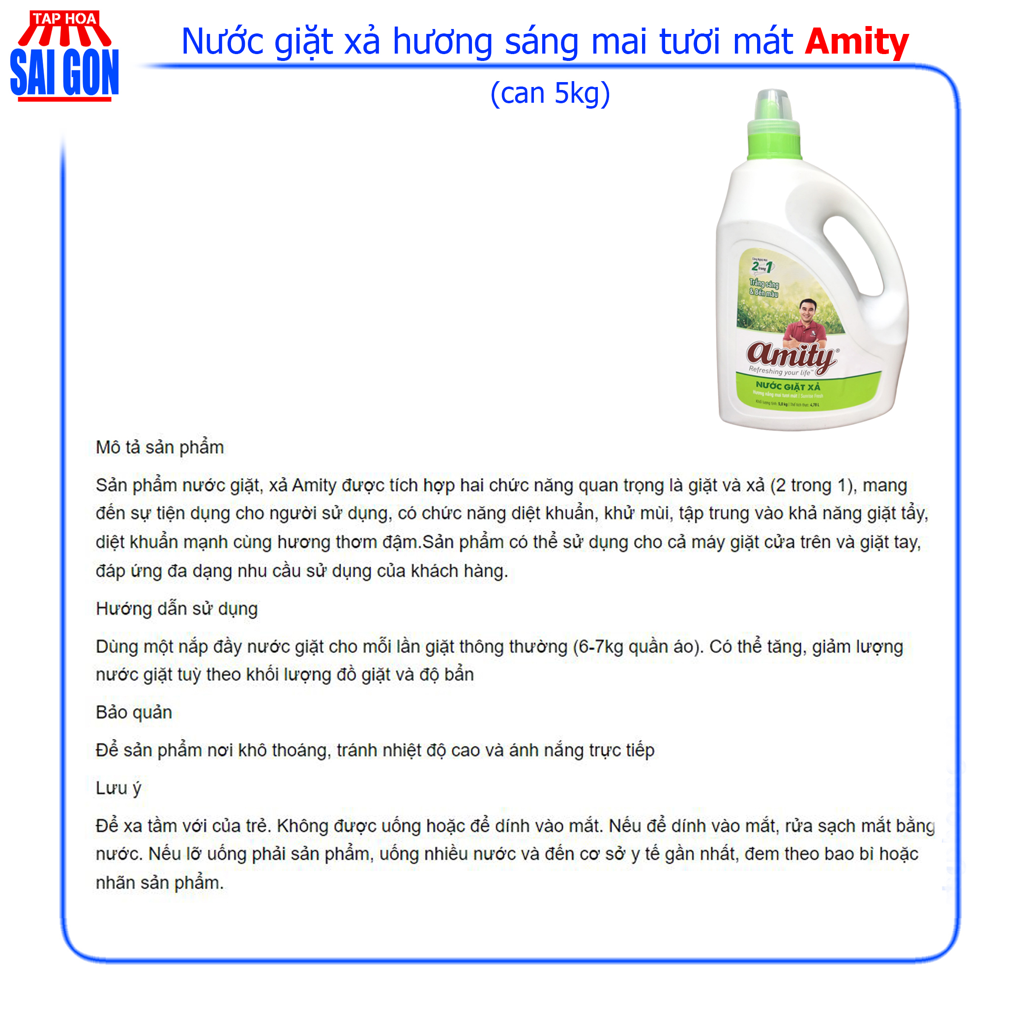 Nước giặt xả Amity nắng mai tươi mới (xanh lá) can 5kg loại bỏ mọi vết bẩn cho quần áo của gia đình