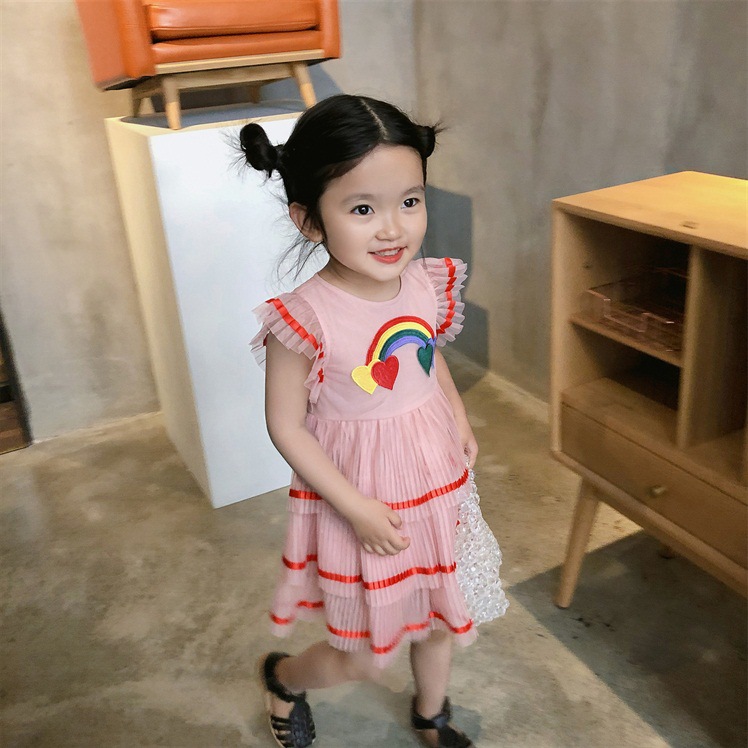 Váy đầm cầu vồng bé gái, chân váy 3 tầng bồng xinh xắn, họa tiết thêu nổi rực rỡ, chất đẹp mát | MV24