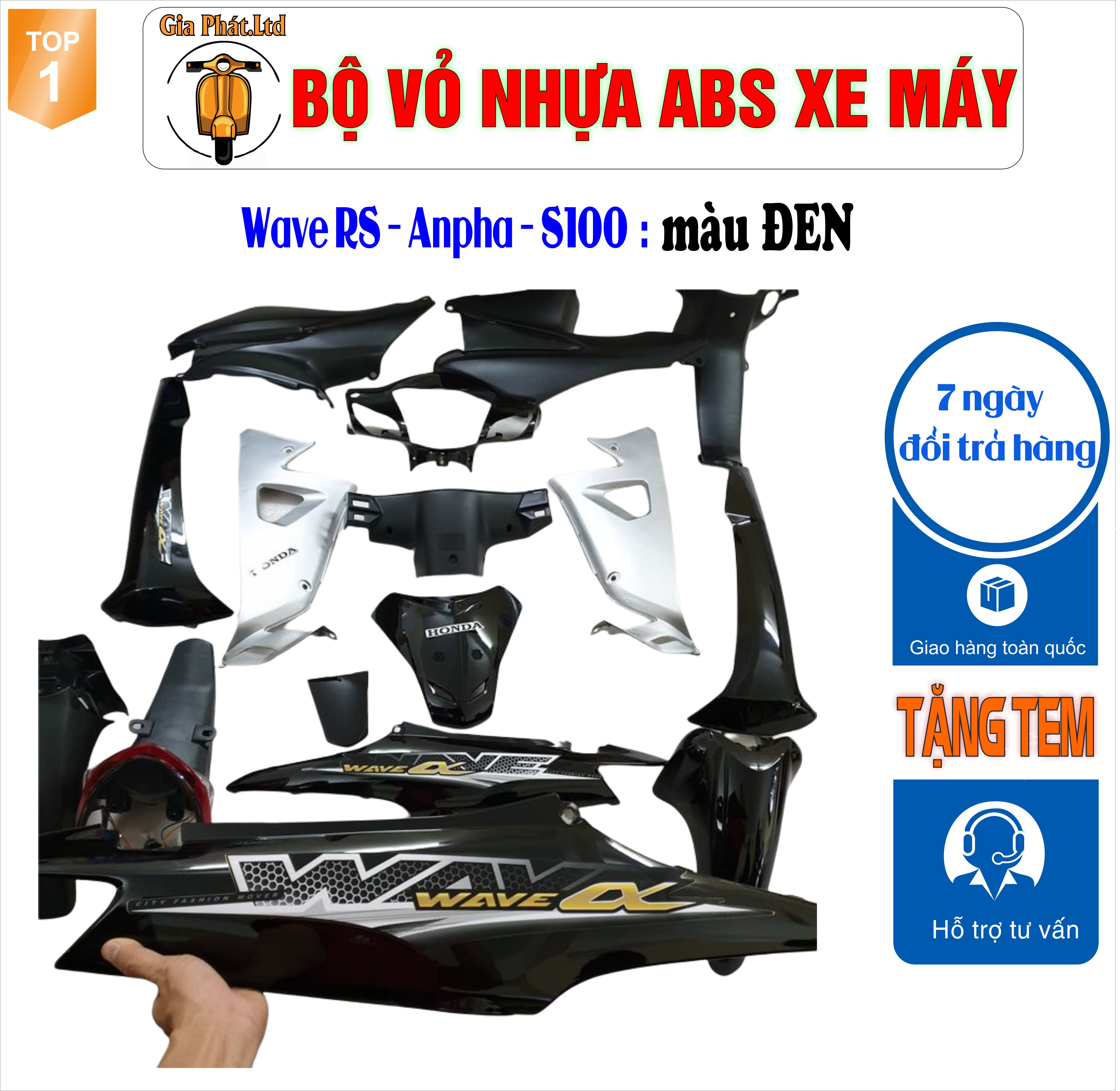 [Tặng tem] Dàn áo gắn xe Wave RS - wave alpha - wave s100, nhựa ABS nguyên sinh màu Đen  _TKB -531(8017)