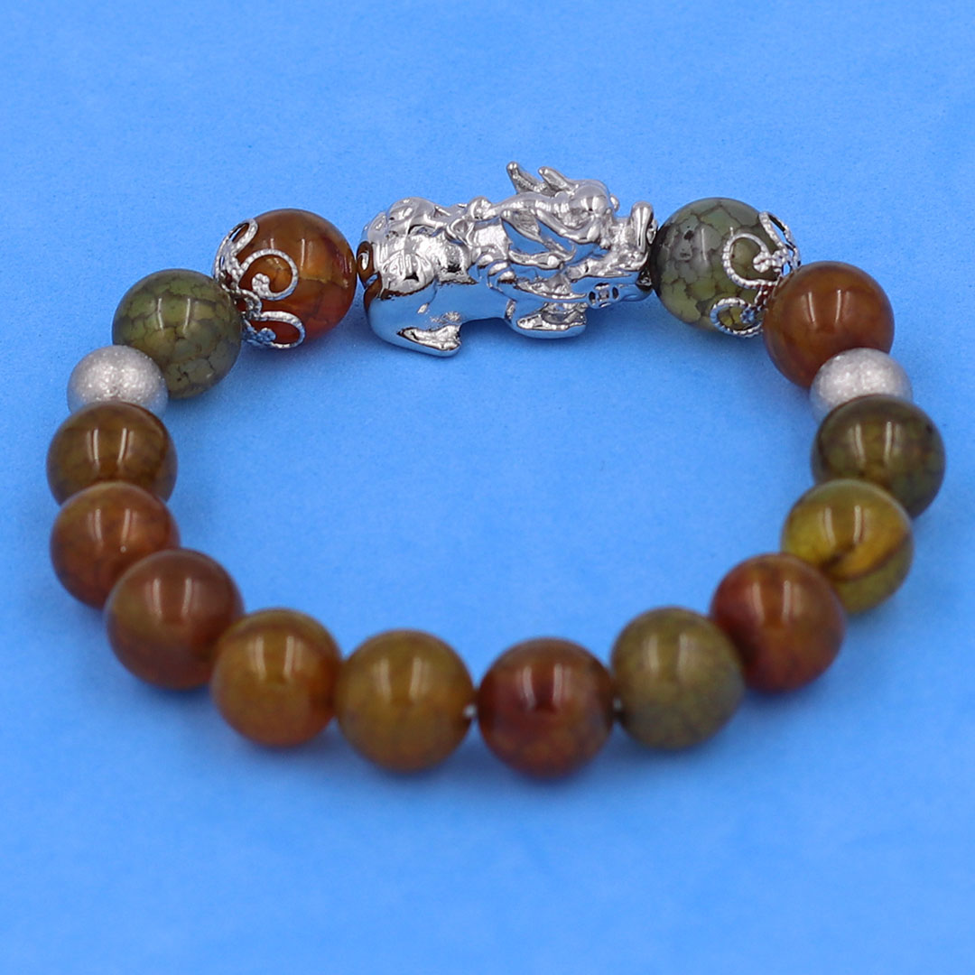 Vòng chuỗi đeo tay mã não vân rạn 10 ly charm tỳ hưu inox, bi inox, khía bông inox, vòng tay phong thuỷ, vòng tay tỳ hưu