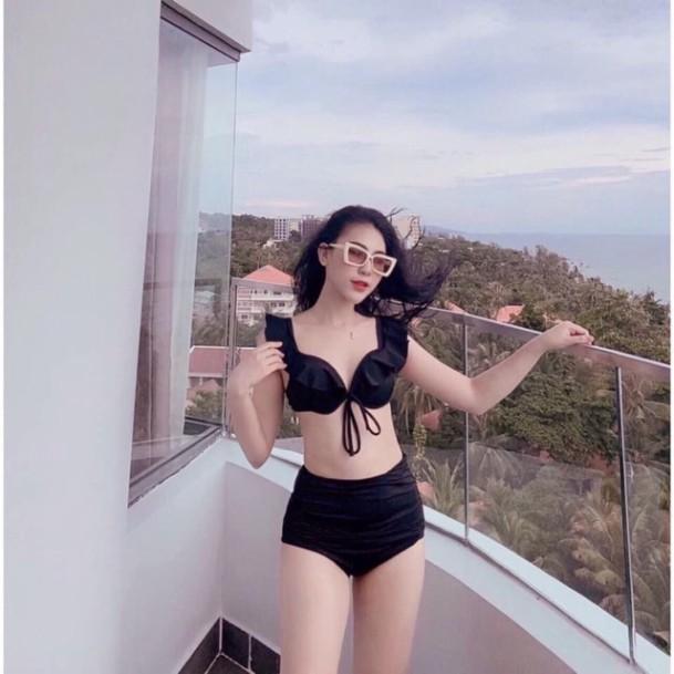 Bikini hai mảnh bộ bơi đồ bơi đẹp màu đen bèo vai đẹp mặc đi biển