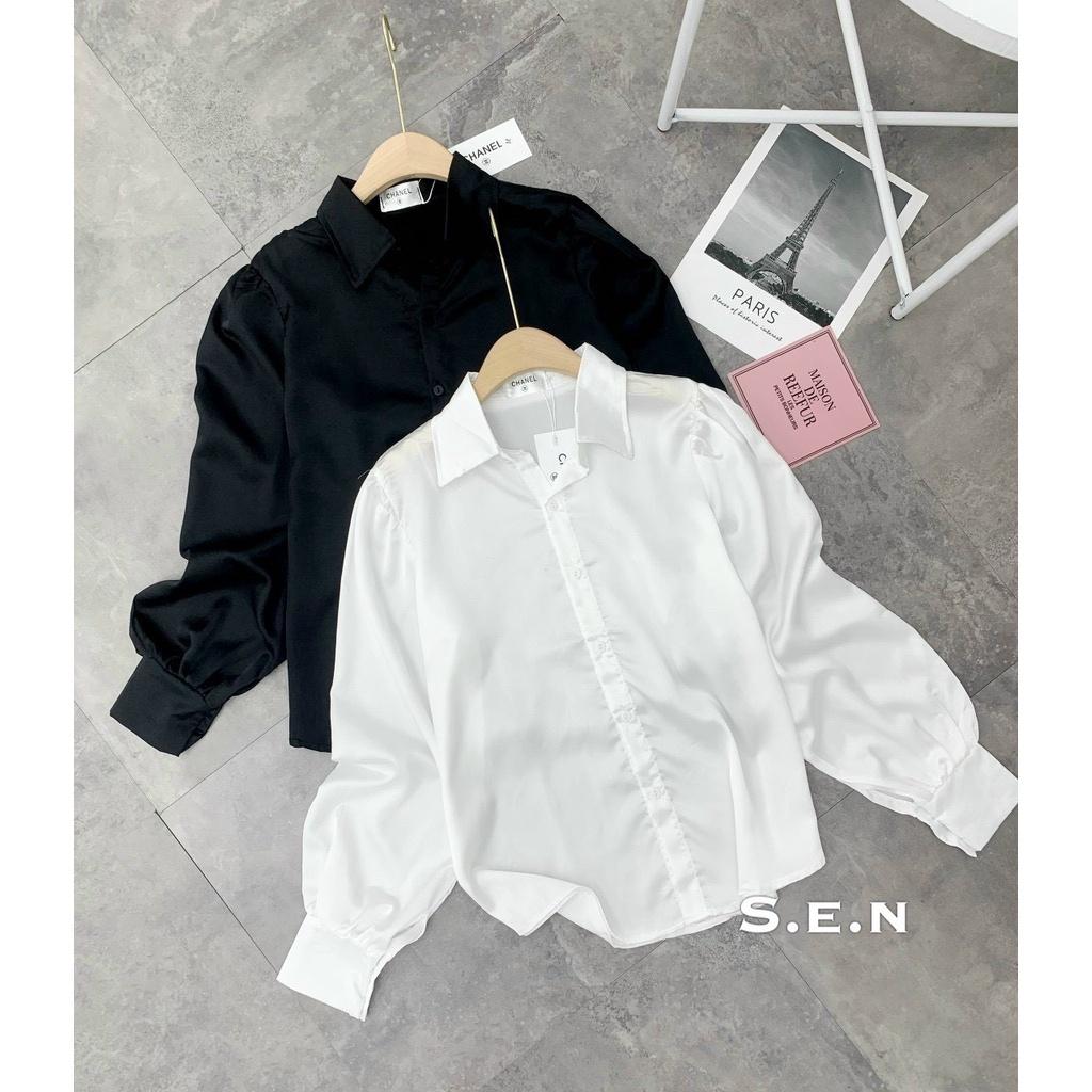 Áo sơ mi cổ đức bo tay lụa bóng thời trang Banamo Fashion 374