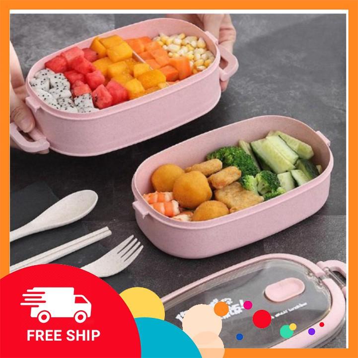 Hộp cơm giữ nhiệt lúa mạch 2 TẦNG, NẮP TRONG SUỐT chịu nhiệt tốt, GIAO MÀU NGẪU NHIÊN