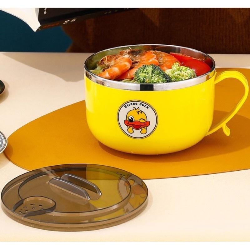 Bát ăn mì hình vịt vàng có tay cầm kèm nắp đậy có lổ thoát nước và ngăn đỡ điện thoại - Tô ăn mì , bát ăn dặm cách nhiệt