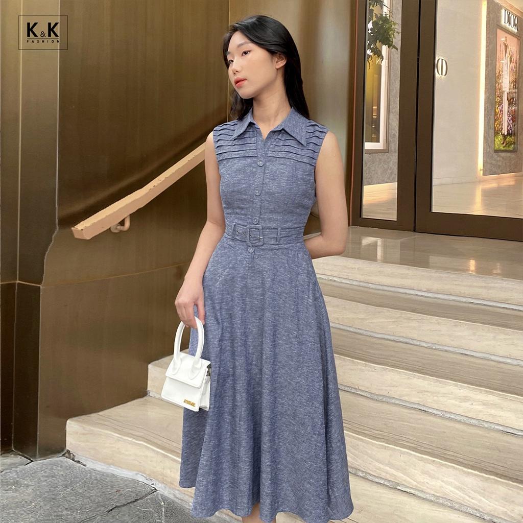 Đầm Sơ Mi Xòe Phối Thắt Lưng K&amp;K Fashion KK140-18 Chất Liệu Denim