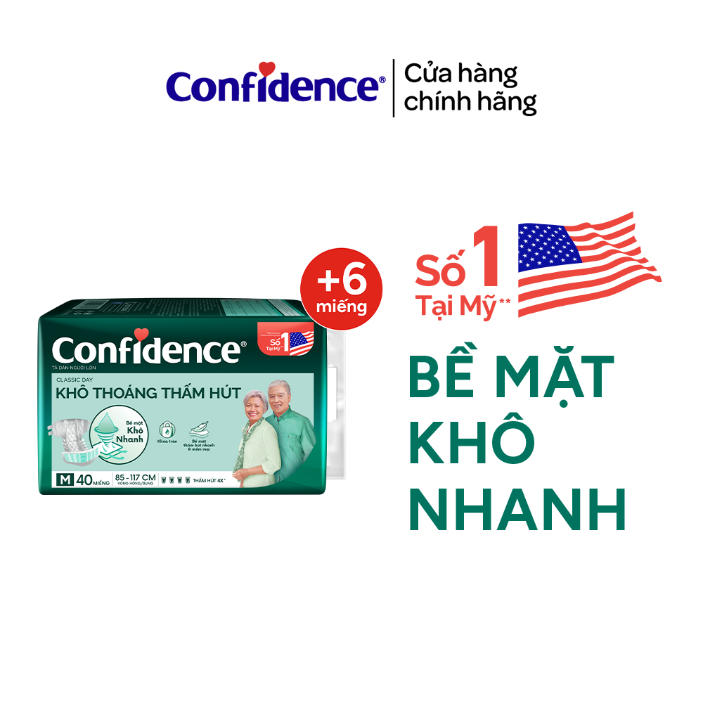 [Tặng thêm tã] Tã dán người lớn Confidence Classic Day Khô Thoáng Thấm Hút M/L 40+6 miếng