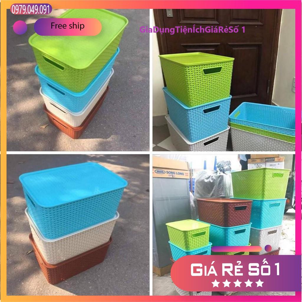Combo 2 giỏ nhựa đan giả mây đựng đồ kiểu Hàn Quốc có nắp size đại