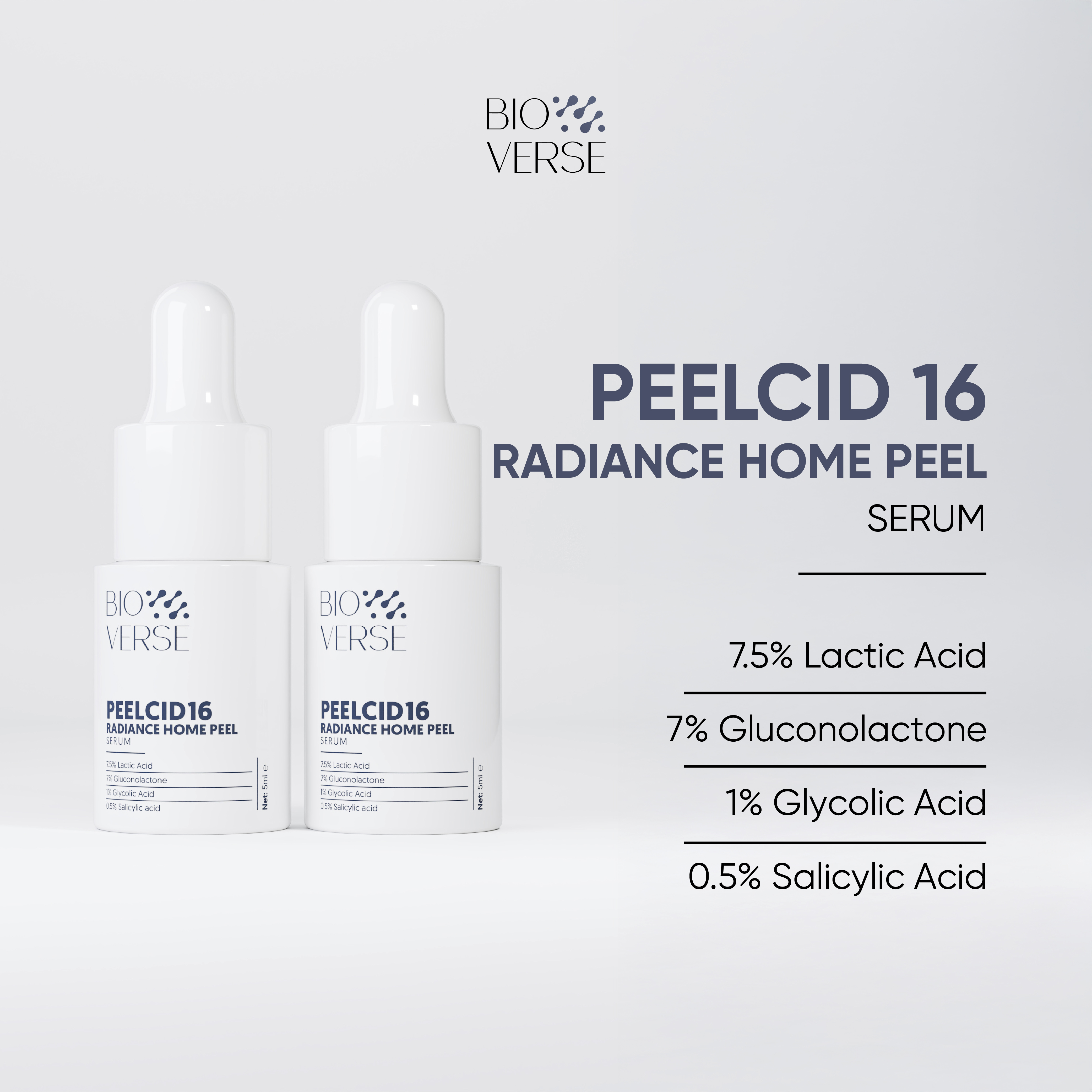 Tinh chất PEELCID16 Radiance Home Peel Bioverse hỗ trợ làm sạch sừng cũ, đều màu da (2x5ml)