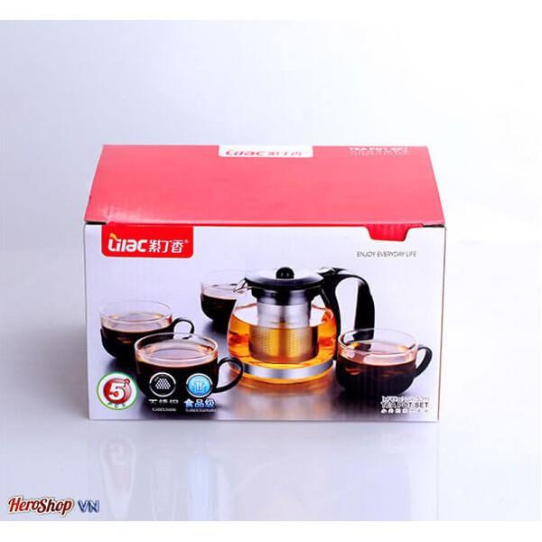 Bộ Bình Lọc Trà Thủy Tinh Kèm 4 Ly Lưới Lọc Inox 304 Tiện Dụng