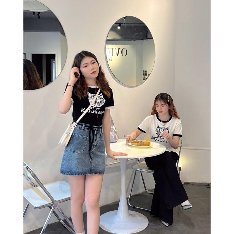 Áo phông nữ croptop dáng ngắn viền màu hình con mèo dây buộc sau a238708 germe