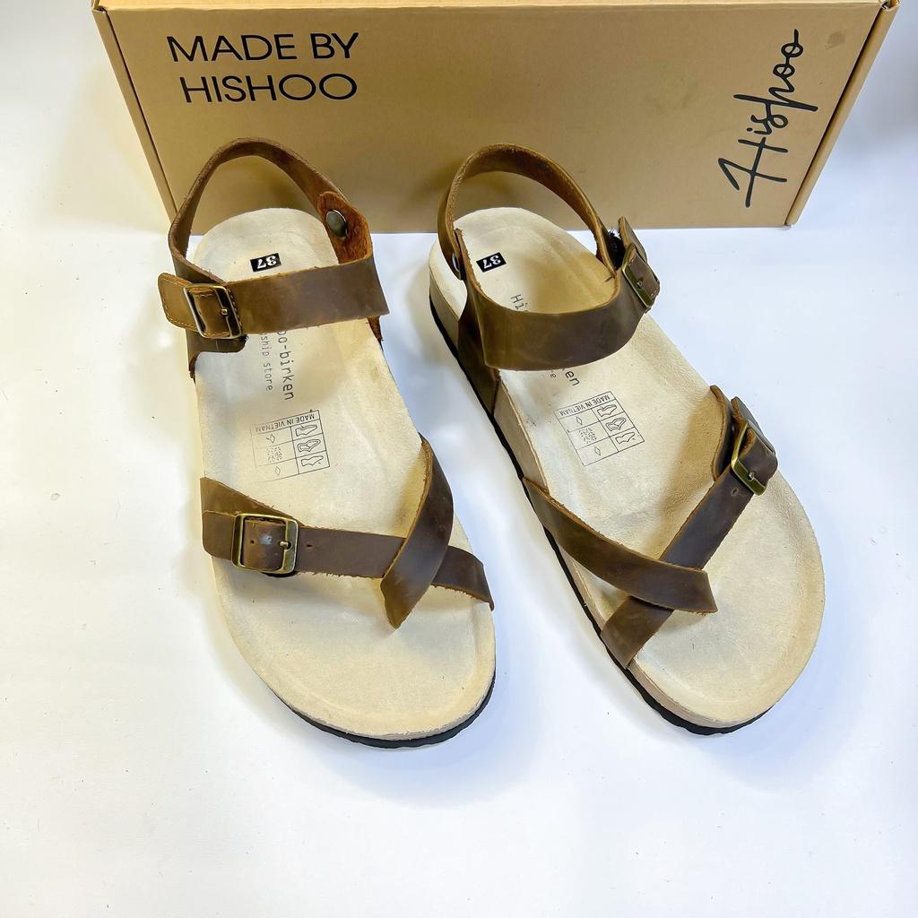 Dép đế trấu birken da bò sáp nam nữ unisex 2 khóa quai sandal xỏ ngón size 35 - 43 chính hãng Hishoo S108