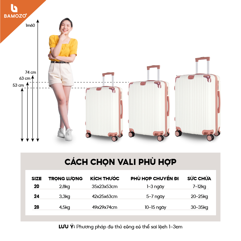 Vali du lịch BAMOZO 8809 MÀU TRẮNG size 20/24/28 , vali nhựa kéo bảo hành 5 năm