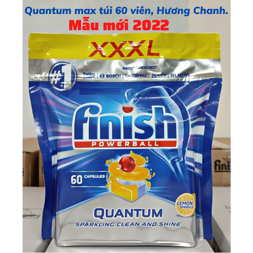 Viên rửa bát Finish Quantum Max Túi 60 viên, Hương Chanh - Chính Hãng.