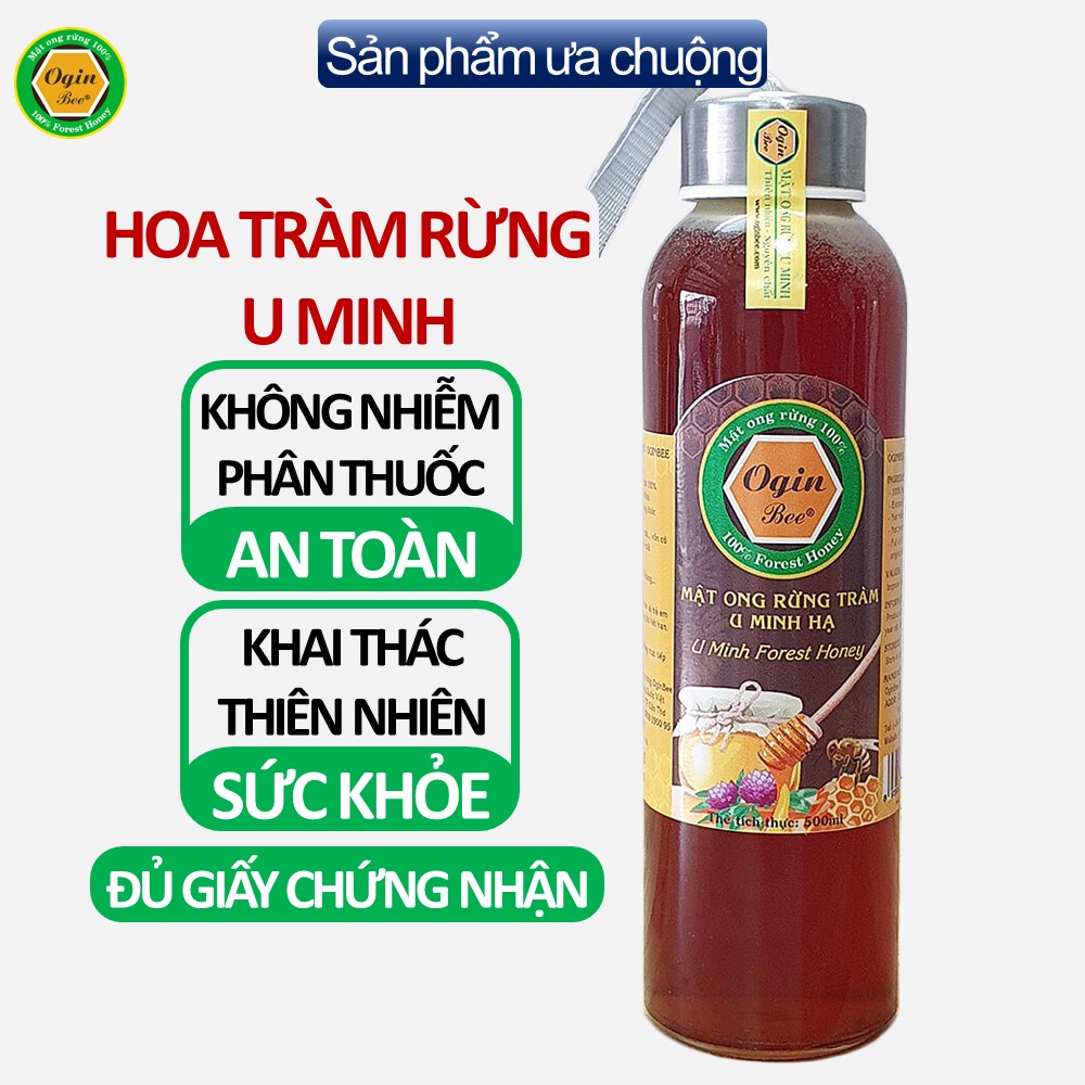 Mật ong rừng U Minh, Khai thác CHUẨN THIÊN NHIÊN 100%, Chai thủy tinh 500ml, OGINBEE