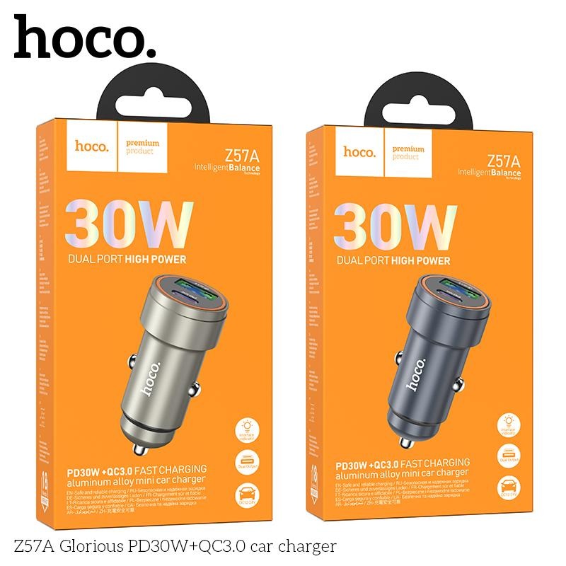 Tẩu sạc nhanh ô tô Hoco Z57A 30W sạc siêu nhanh 2 cổng PD 30W QC 3.0 18W - Hàng chính hãng
