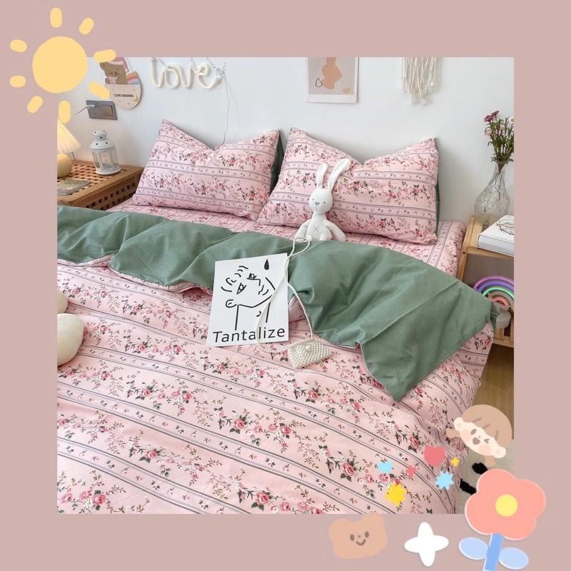 Bộ Chăn Ga Gối Cotton Living 100%cotton Hàng Nhập khẩu Cao Cấp 4 Món Hoa Hồng Vintage