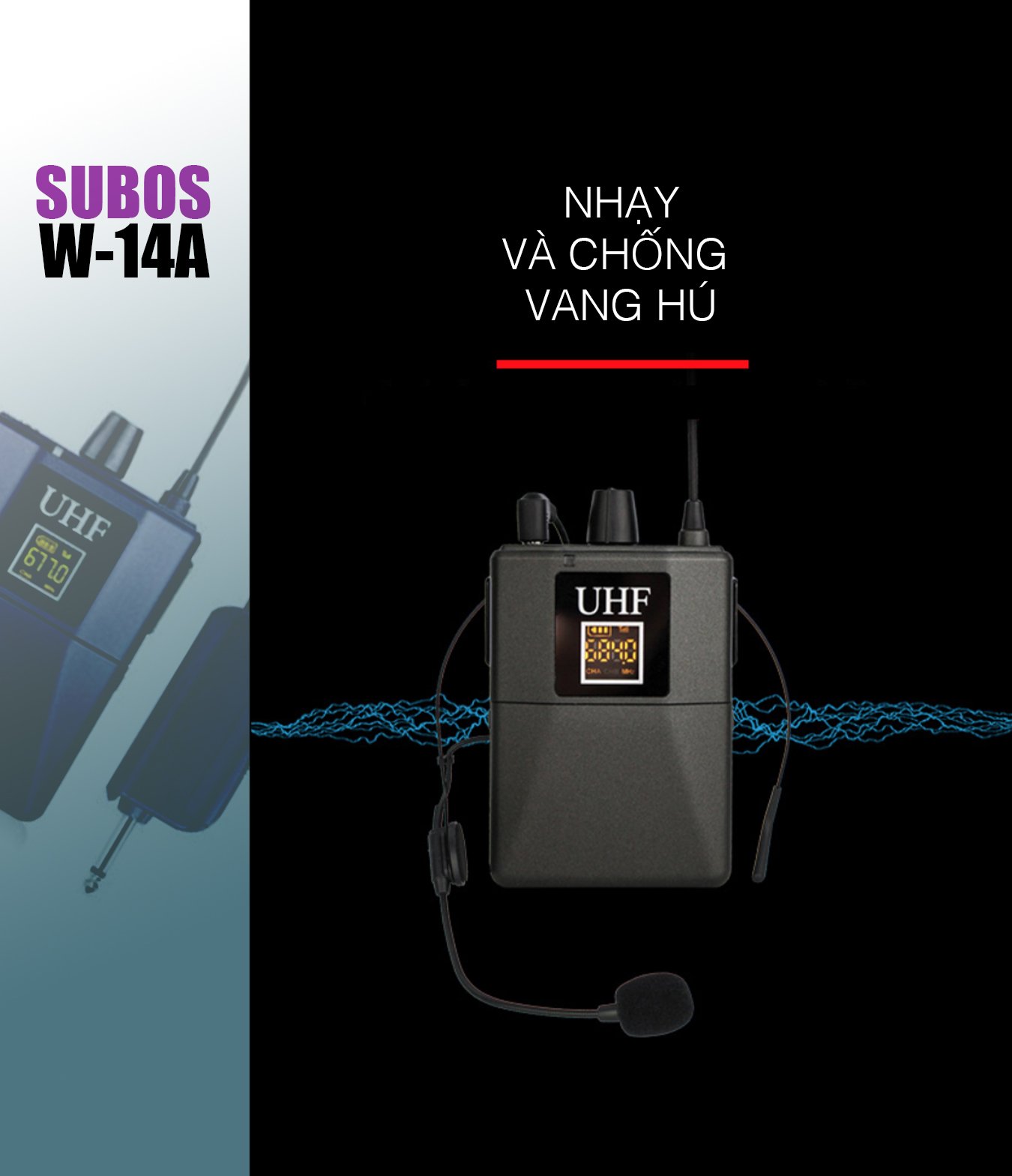 Micro không dây Subos W-14A - Micro đeo tai UHF hỗ trợ giảng dạy, thuyết trình, livestream - Phạm vi rộng đến 25m, nhạy, chống hú tốt - Kết nối được hầu hết các thiết bị âm thanh: sound card, amply, mixer, loa kéo … - Hàng nhập khẩu