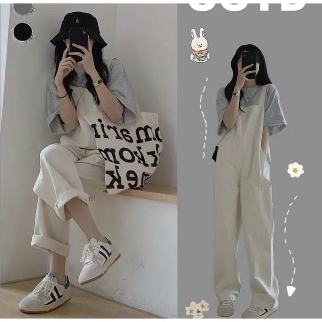 Quần yếm kaki đen thêu logo bò sữa kèm áo phông