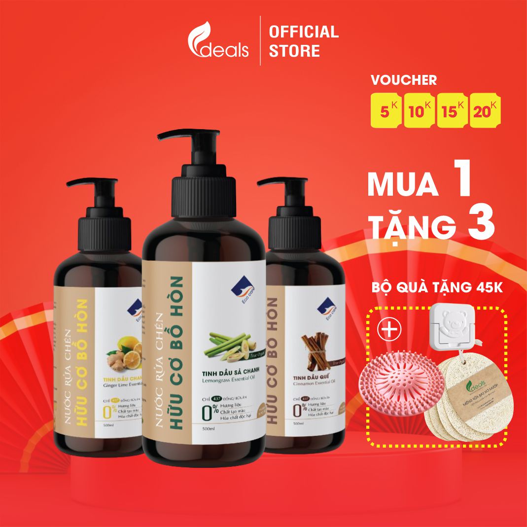 Nước rửa chén hữu cơ Bồ hòn Ecocare - 100% thực vật, không hóa chất, tinh dầu khử mùi, chăm sóc da tay, tiết kiệm nước 30% - Chai 500ml