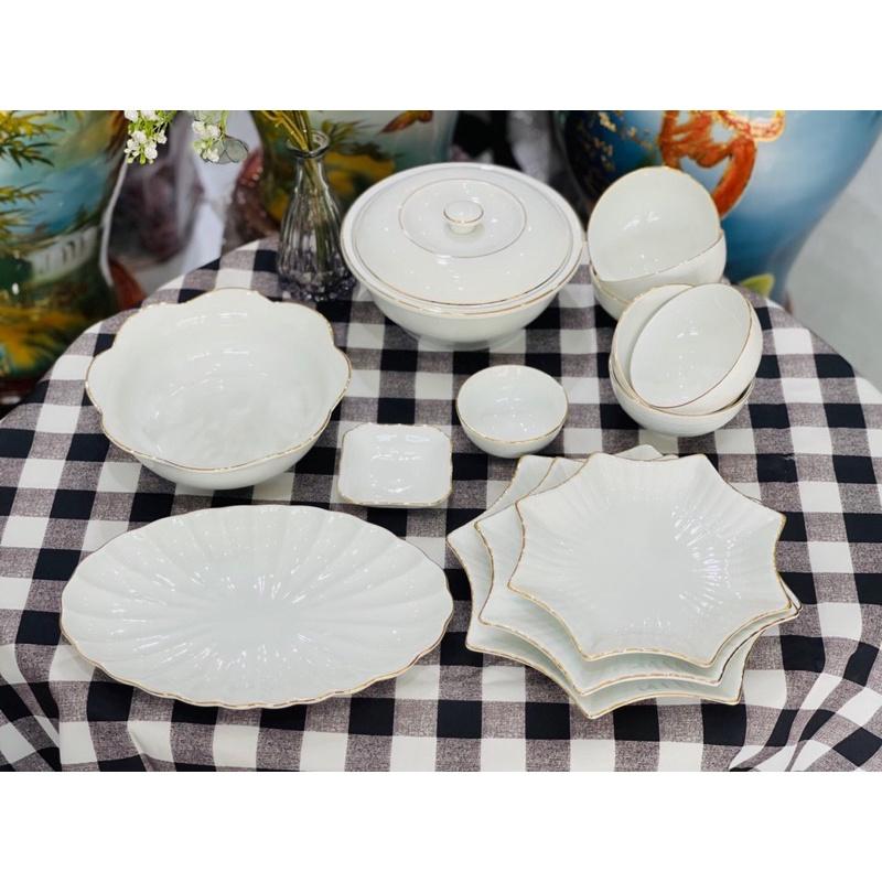 Bộ bát đĩa gốm sứ Bát Tràng14-15 món, men trắng vẽ viền vàng