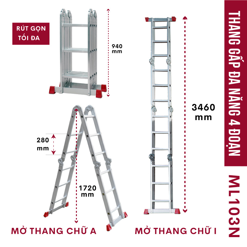 Thang nhôm gấp 4 đoạn FUJIHOME ML103N , chữ A 1.7m- chữ I 3.46m, 14 tư thế sử dụng, tải trọng 150kg, khóa chốt cao cấp và tự động, chân chống trượt - Hàng Chính hãng