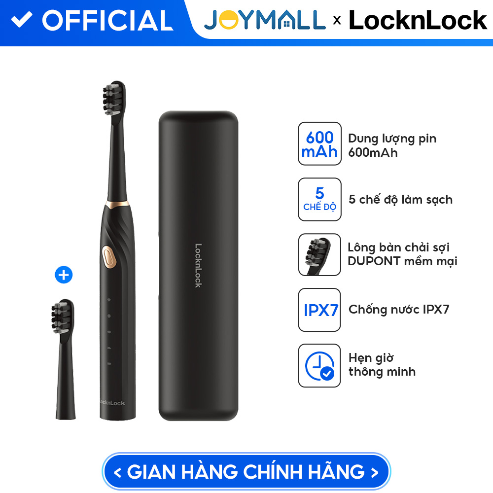 Bàn chải điện LocknLock ENR321BLK, Hàng chính hãng, 5 chế độ làm sạch, dung lượng pin 600mAh, có 4 đầu bàn chải - JoyMall