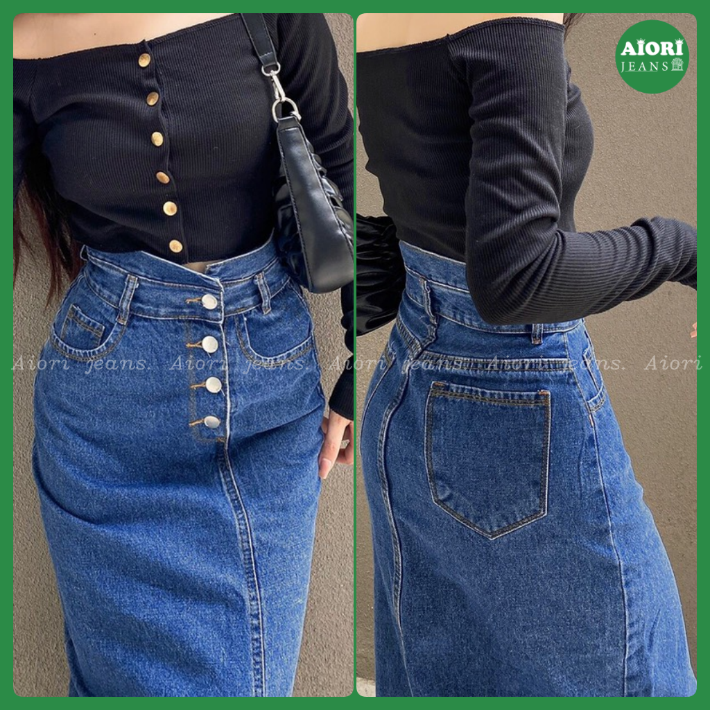 Chân Váy Jeans Aiori Denim Chữ A Lưng Cao Ôm Dáng Xinh Xắn Lưng Kiểu 4 Nút Theo Phong Cách Hàn Quốc_Mã V002 - Xanh Đậm