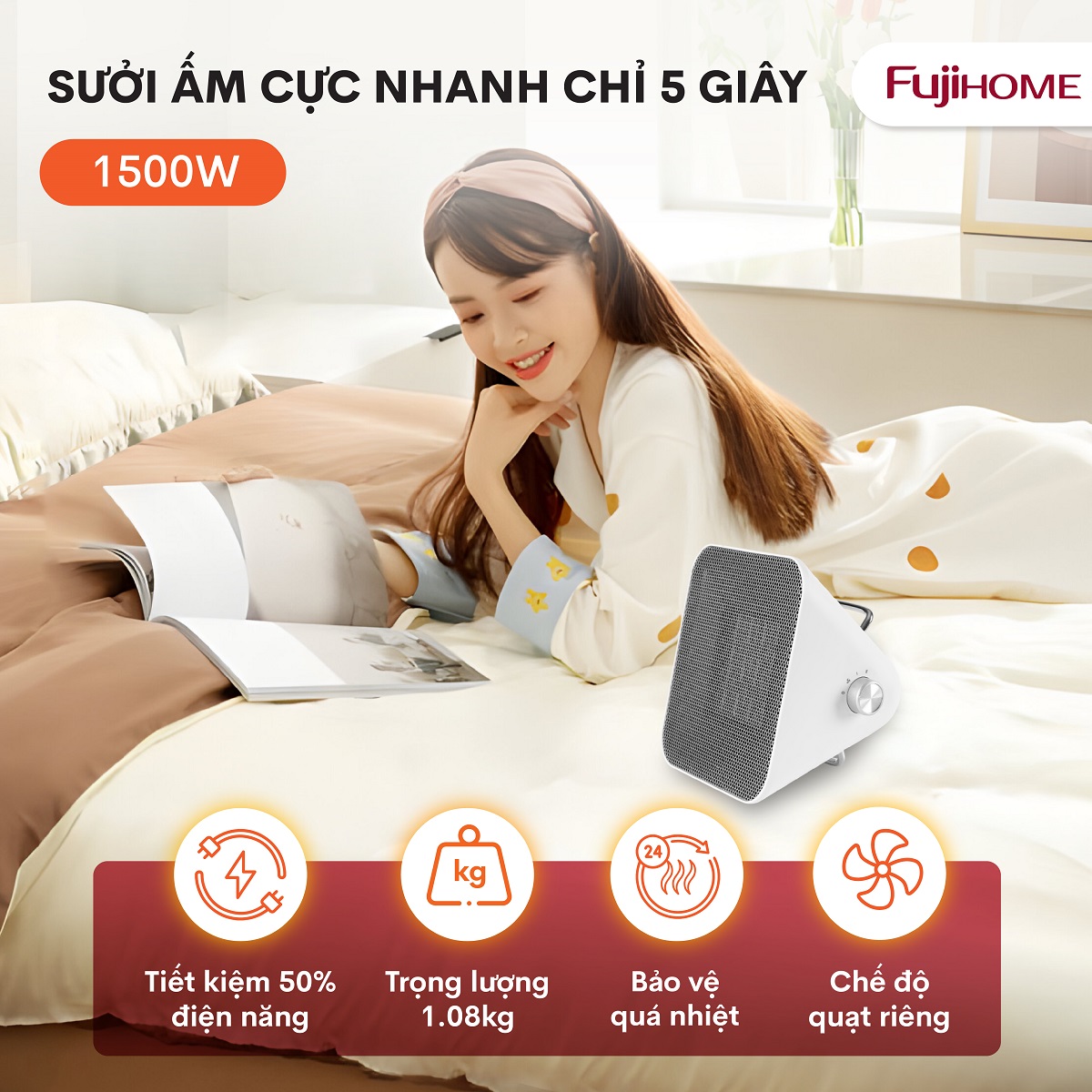 Quạt sưởi gốm ấm Mini nhập khẩu không khô da Fujihome, Hàng Chính hãng bảo hành 2 năm