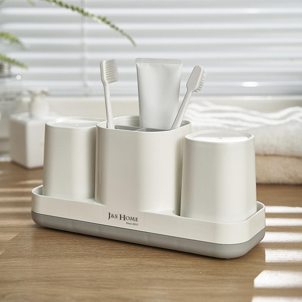 Kệ giữ bàn chải đánh răng với 2 cốc và khay để đứng đựng tuýp kem và bàn chải