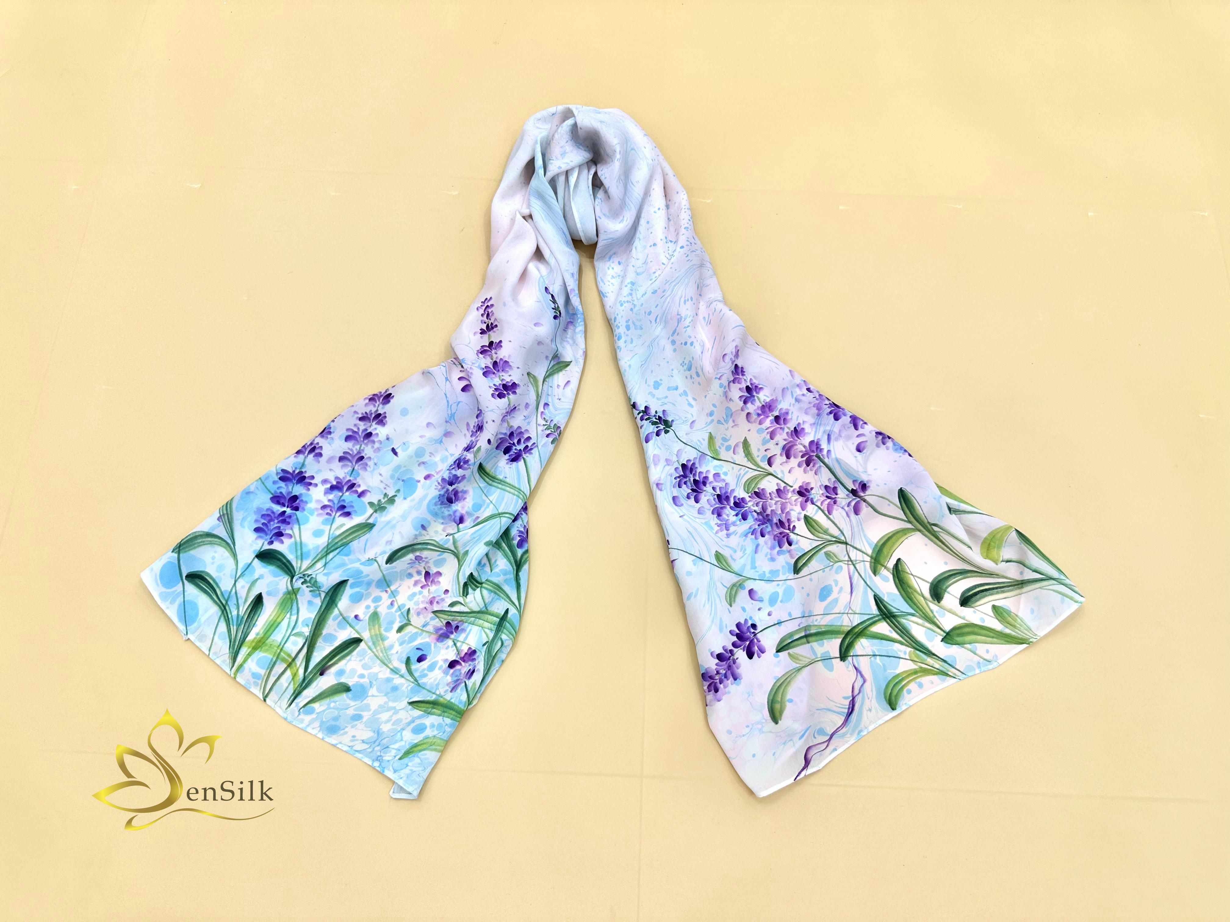 Khăn Lụa Thuỷ Ấn Sen Silk Lavender - Quà Tặng Cao Cấp - 100% Natural Silk Scarf Water Marbled Hand Painted - Girf for Her Bridemaid Friend Business - Best Silk Shawl Handmade
