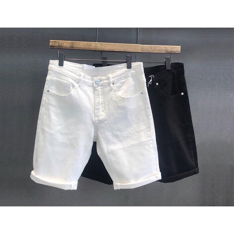 Quần short jean co giãn cho nam, màu trắng và đen, phong cách Hàn Quốc trẻ trung, năng động