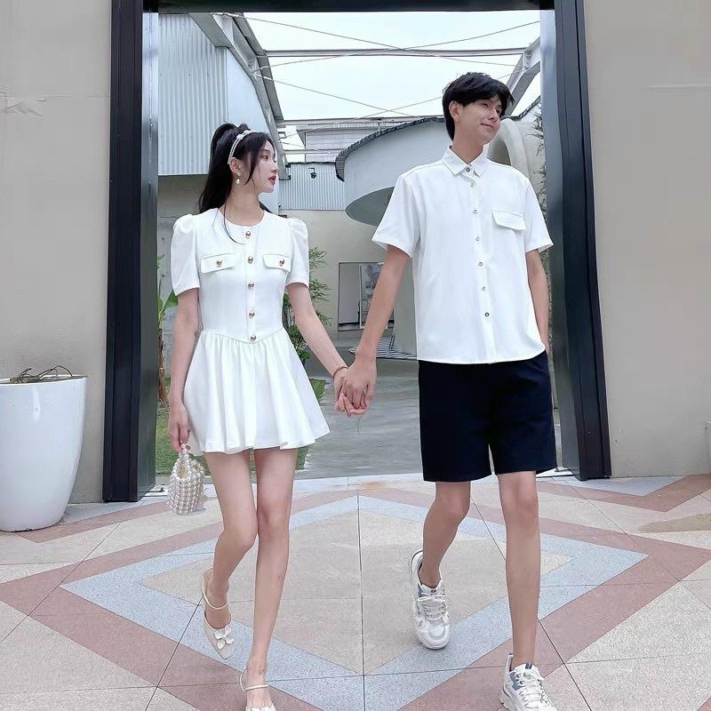 Set áo đôi sơ mi đầm xòe màu trắng phong cách Hàn Quốc, đồ cặp tình nhân couple