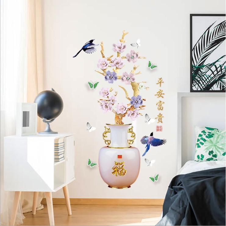 Decal trang trí tường - Chậu Hoa mẫu đơn xanh tím đẳng cấp