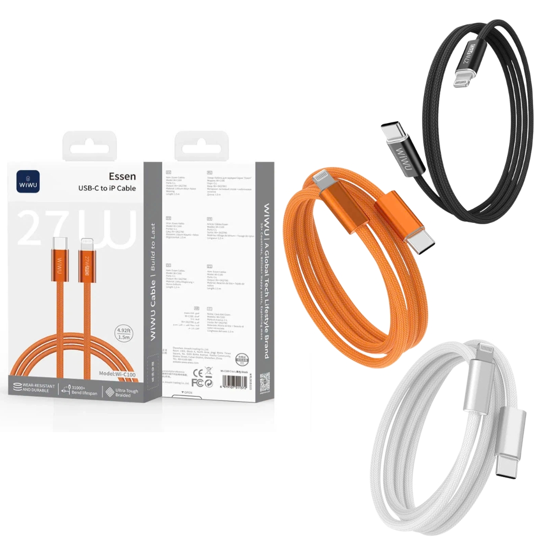 Dây cáp sạc nhanh PD 27W USB-C to Lightning công nghệ SmartChip AI DURAFLEX PowerLink Pro dài 150cm WIWU ESSEN cho iPhone/ iPad 7 8 11 12 13 14 Pro X Xs Max - Sạc nhiệt độ thấp, Chip thông minh, Dây bện siêu bền, Chống rối + dây buộc gọn - Hàng nhập khẩu