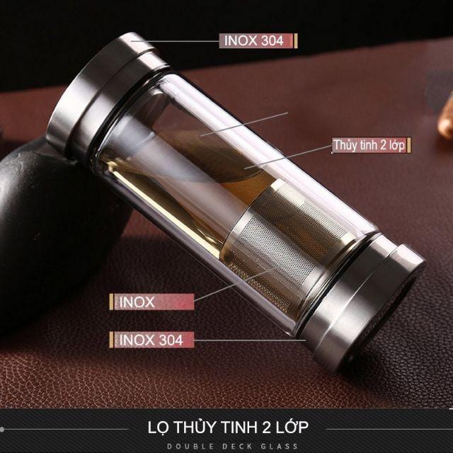 Bình lọc pha tra giữ nhiệt 300ml thủy tinh 2 lớp 2 đầu bằng inox304
