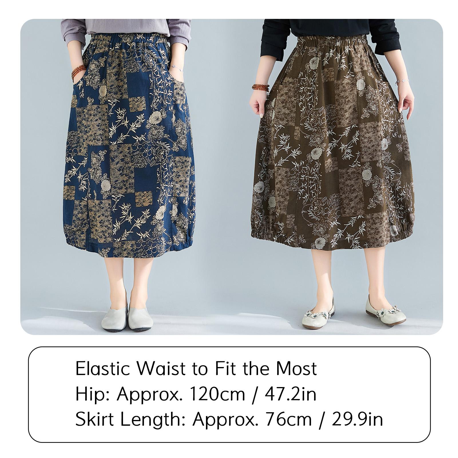 Women Vintage Skirt Linen Fabric Elastic Waist Pockets Loose Fit Midi Skirt Plus Size Casual Dress