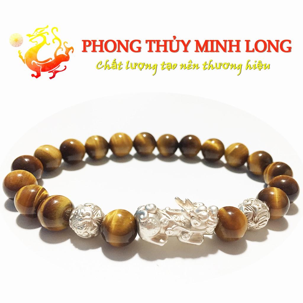 Vòng tay đá mắt hổ Vàng Nâu 5A mix Tỳ Hưu và 2 hạt kim tiền Bạc hợp mệnh Kim và Thổ