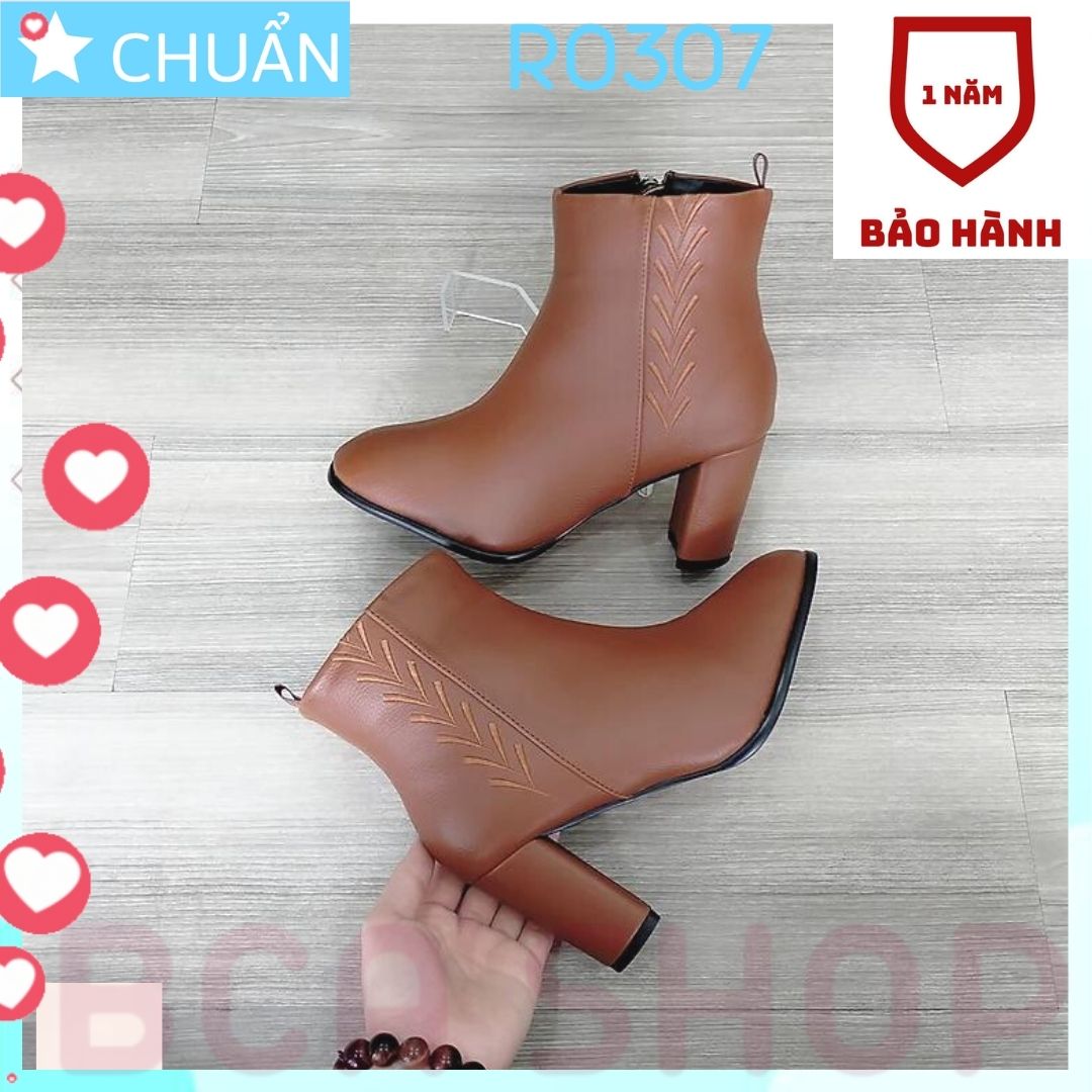 Giày bốt nữ cổ ngắn cao gót 7 phân RO307 ROSATA tại BCASHOP dây kéo nằm má trong, thêu hoạ tiết tinh tế má ngoài - màu nâu bò