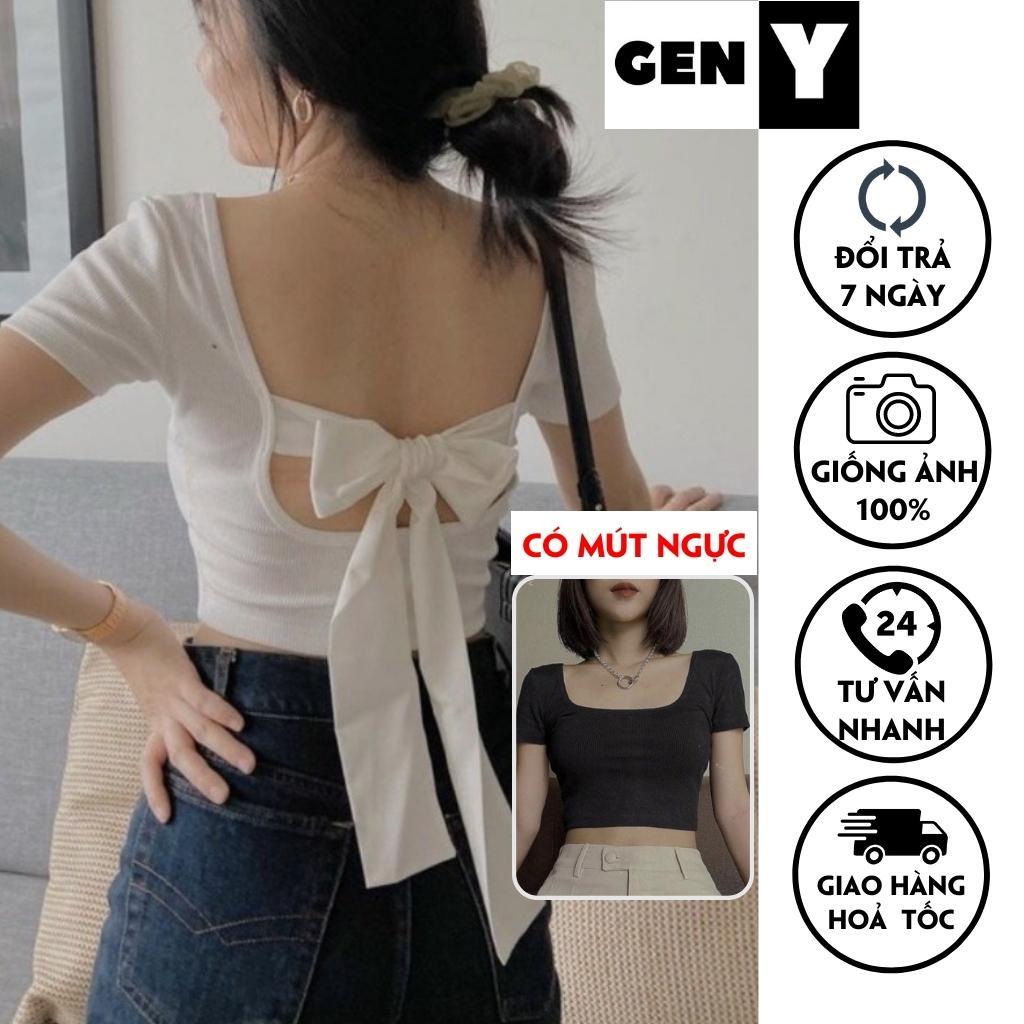 Áo Croptop cổ vuông buộc nơ lưng có mút ngực GenY - Áo Kiểu Nữ Hở Lưng Ôm Body Chất Thun Gân Dày Dặn Siêu Xinh