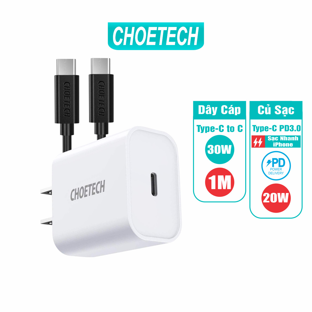 Bộ Củ Sạc CHOETECH PD 3.0 20W PD5005-W + Cáp Type C to C 1M 30W CC0002-V2 Chuyên Sạc Nhanh 18-20W Smartphone Android - Hàng Chính Hãng