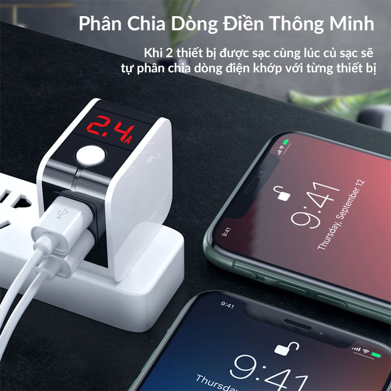 Củ Sạc Nhanh Thông Minh Hoco HK5, Sạc Đầy Pin Tự Động Tắt Nguồn Chống Chai Pin, 2 Cổng Sạc USB 2.4A/5V, Màn Hình Led Hiển Thị Số - Hàng Nhập Khẩu