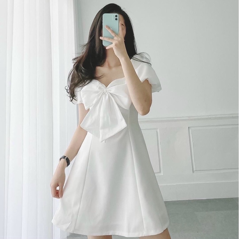 Đầm Dáng Xòe Thiết Kế Nơ Ngực Tay Phồng Chất Vải Cotton Thái Dày Dặn Có Lót Trong Hanaki HNK333