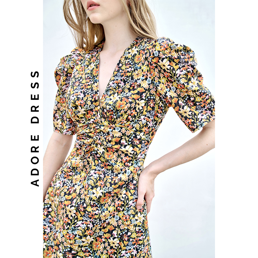 Đầm Mini dresses thô lụa đen hoa nhỡ nhún eo 311DR1006 ADORE DRESS