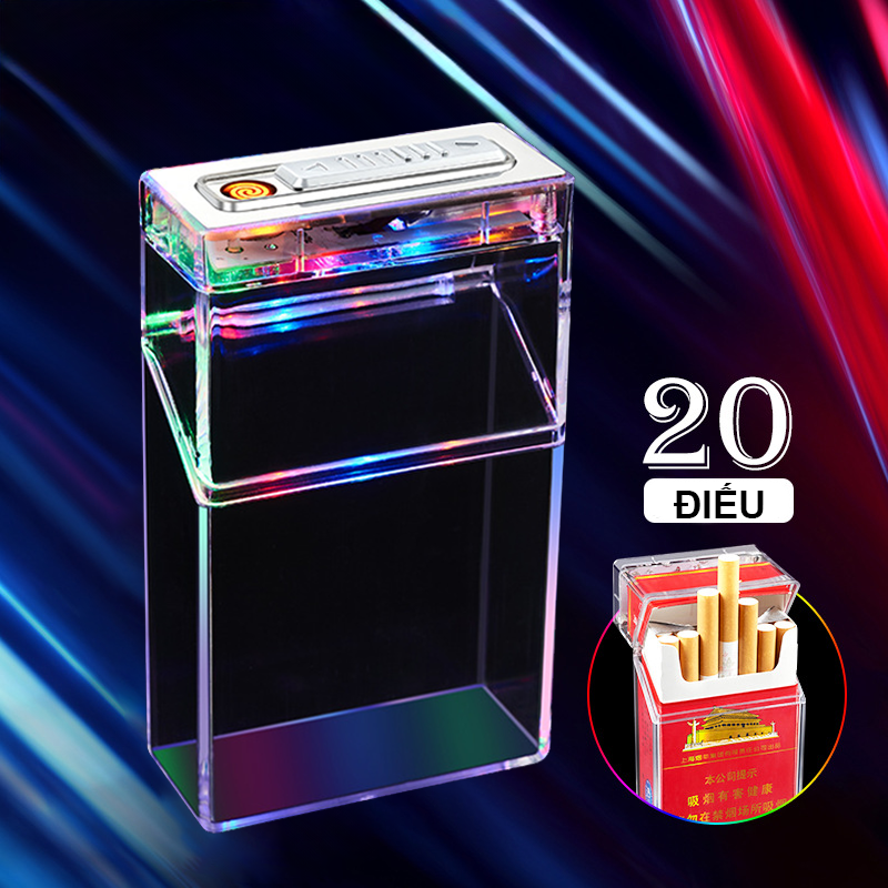 Bật Lửa Điện Kiêm Hộp Đựng Thuốc 20 Điếu Trong Suốt Nhiều Màu Có Đèn - Sạc Điện