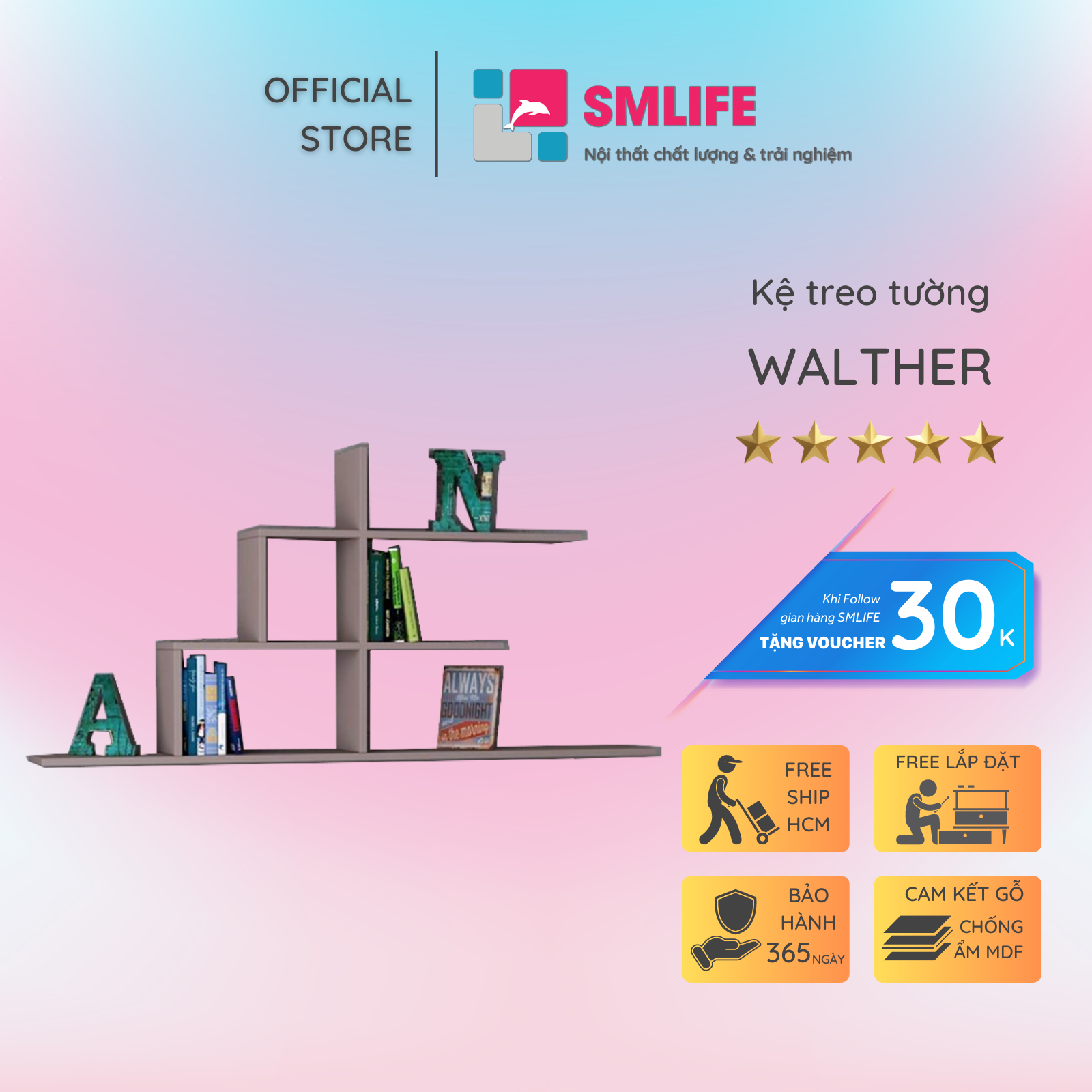 Kệ gỗ trưng bày kiểu dáng nhỏ gọn SMLIFE Walther