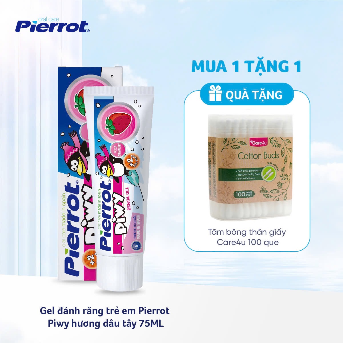 Tặng 1 Hộp Bông Tăm Care4U Gel Đánh Răng Hương Dâu Tây Cho Trẻ Em Piwy 50Ml